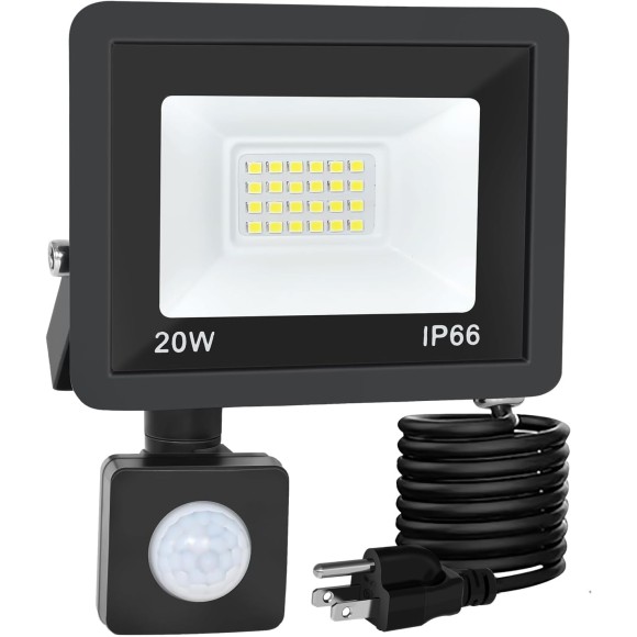 Motion Sensor Flood Light Outdoor, 20W Plug in Motion Sensor Light with 4.9ft Cord, IP66 Waterproof Floodlights with Photocell 6000K Super Bright Security Light for Garden Patio