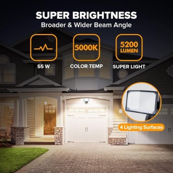 55W 5200LM Flood Lights Outdoor, 5000K Switch Controlled LED Security Lights, IP65 Waterproof Floodlights Black