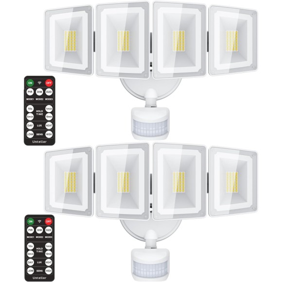 100W Motion Sensor Light Outdoor Remote Control, 10000LM Super Bright LED Flood Light Outdoor, IP65 Waterproof Security Light Outdoor, 5000K White Motion Sensor Light for Yard Eave-2 PACK
