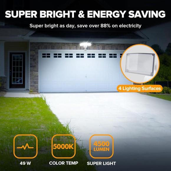 LED Security Lights Motion Sensor Light Outdoor, 4500LM, 5000K Daylight, IP65 Waterproof, 3 Head Detector Flood Light for Garage (White)