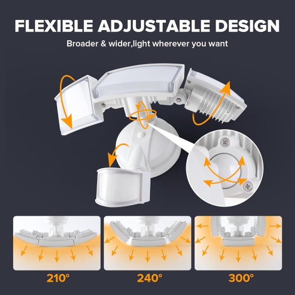 LED Security Lights Motion Sensor Light Outdoor, 4500LM, 5000K Daylight, IP65 Waterproof, 3 Head Detector Flood Light for Garage (White)