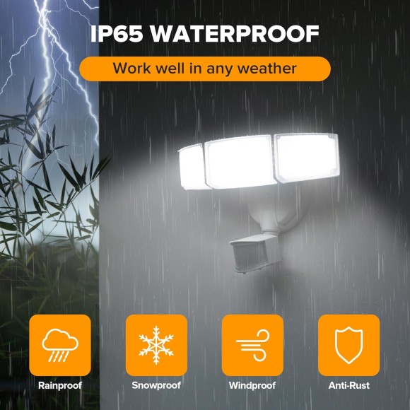 LED Security Lights Motion Sensor Light Outdoor, 4500LM, 5000K Daylight, IP65 Waterproof, 3 Head Detector Flood Light for Garage (White)