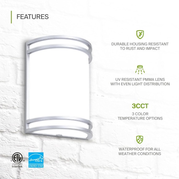 10 Inch LED Outdoor Wall Mount Light Fixture - Brushed Nickel Modern Wall Sconce Lighting - 15W 3000K 4000K 5000K Adjustable - Dimmable Exterior Lights - Front Door & Patio Lamp - ETL, 4 Pack
