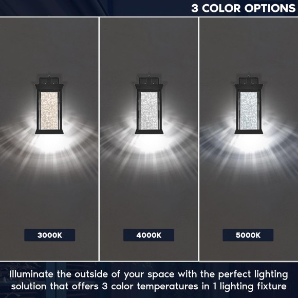 LED Outdoor Wall Lantern, Seeded Bubble Glass, 3CCT 3000K 4000K 5000K, IP54 Waterproof, 12W, 1200LM, Black Aluminum, ETL, Exterior Wall Light for Porch, Front Door, Patio