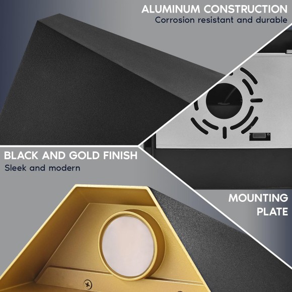 Outdoor LED Black and Gold Wall Sconce, 12W Modern Exterior Wall Light, 3CCT 3000K 4000K 5000K, 8 Inch, Aluminum, IP65 Waterproof, ETL Listed, Porch Lights for Entryway, Patio, Garage, House