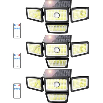 3000LM Solar Lights outdoor, 4 Adjustable Heads Solar Motion Sensor Lights with 283 LED, IP65 Waterproof Solar Security Wall Lights, Remote Control Flood Lights for Graden, Outside, Backyard 3 Pack