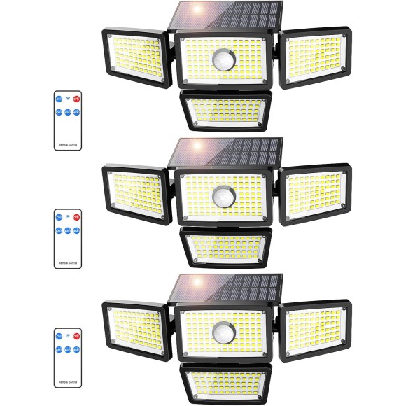 3000LM Solar Lights outdoor, 4 Adjustable Heads Solar Motion Sensor Lights with 283 LED, IP65 Waterproof Solar Security Wall Lights, Remote Control Flood Lights for Graden, Outside, Backyard 3 Pack
