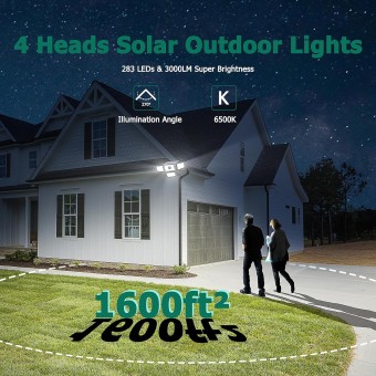 3000LM Solar Lights outdoor, 4 Adjustable Heads Solar Motion Sensor Lights with 283 LED, IP65 Waterproof Solar Security Wall Lights, Remote Control Flood Lights for Graden, Outside, Backyard 3 Pack