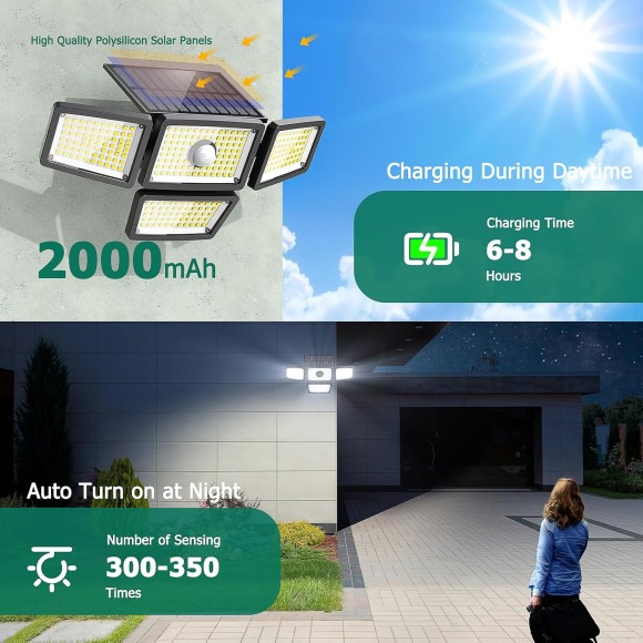 3000LM Solar Lights outdoor, 4 Adjustable Heads Solar Motion Sensor Lights with 283 LED, IP65 Waterproof Solar Security Wall Lights, Remote Control Flood Lights for Graden, Outside, Backyard 3 Pack