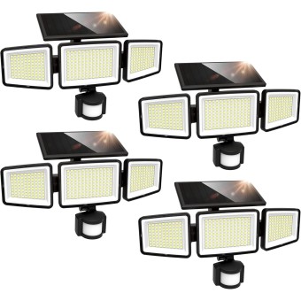 Solar Outdoor Lights 302 LED 3000LM, IP65 Waterproof Motion Sensor Outdoor Lights, 3 Heads Solar Security Flood Lights 270 Wide Lighting Angle with 3 Modes for Garden Patio Yard - 4 Pack