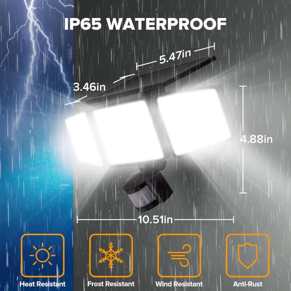 Solar Outdoor Lights 302 LED 3000LM, IP65 Waterproof Motion Sensor Outdoor Lights, 3 Heads Solar Security Flood Lights 270 Wide Lighting Angle with 3 Modes for Garden Patio Yard - 4 Pack