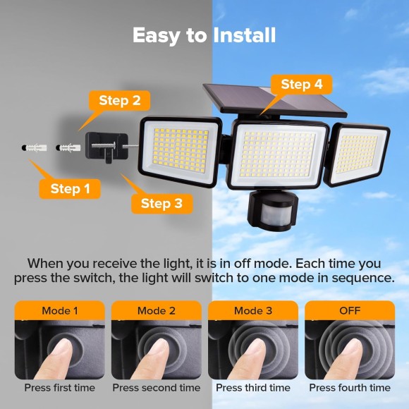 Solar Outdoor Lights 302 LED 3000LM, IP65 Waterproof Motion Sensor Outdoor Lights, 3 Heads Solar Security Flood Lights 270 Wide Lighting Angle with 3 Modes for Garden Patio Yard - 4 Pack