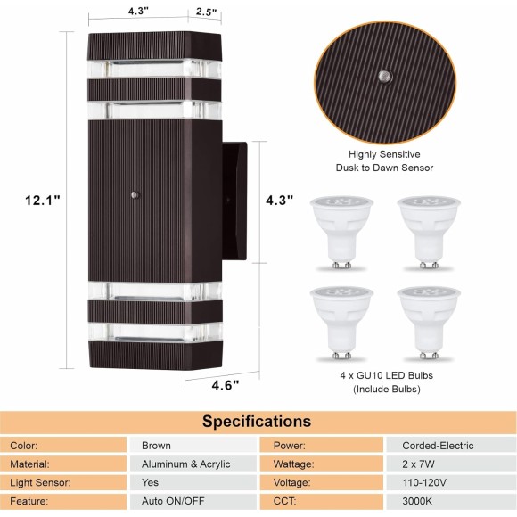 4 Pack Outdoor Lighting, Modern Outdoor Wall Light Fixtures Brown Exterior Lights for House, Waterproof Aluminum Up and Down Lights Outdoor for Porch Garage Patio