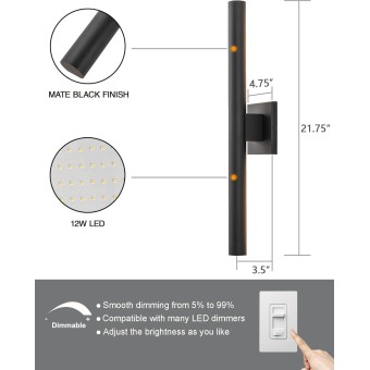 Modern Outdoor Wall Sconce LED, Large Porch Lights Wall Mount, 22 inch Up Down Exterior Light Fixture, 12W Black Outside Patio Lighting for House, Yard, 2 Packs