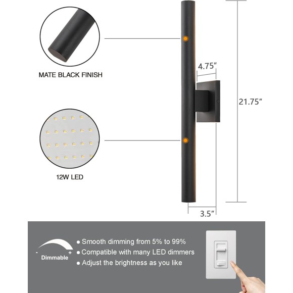 Modern Outdoor Wall Sconce LED, Large Porch Lights Wall Mount, 22 inch Up Down Exterior Light Fixture, 12W Black Outside Patio Lighting for House, Yard, 2 Packs