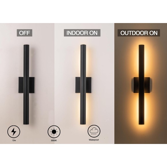 Modern Outdoor Wall Sconce LED, Large Porch Lights Wall Mount, 22 inch Up Down Exterior Light Fixture, 12W Black Outside Patio Lighting for House, Yard, 2 Packs
