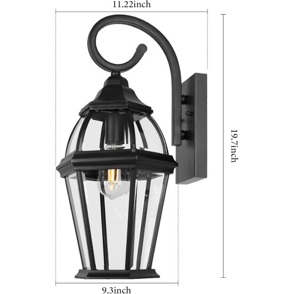 Large Outdoor Wall Lantern, 20 Inch Outdoor Wall Light Fixtures, Matte Black Porch Light, Exterior Wall Lighting, Anti-Rust Outdoor Sconces, Matte Black Wall Lamp with Clear Glass