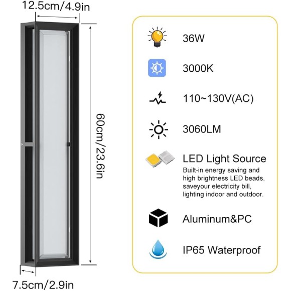 Exterior Wall Lights, 10%-100% Dimmable LED Modern Porch & Patio Wall Light Fixture, 23.6in Black Exterior Sconce Wall Mounted Lights Suitable for Garage Living Room Courtyard House(3000K)