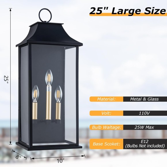 Outdoor Wall Light 3-Light, 25" Large Outdoor Light Fixture, Black Exterior Wall Lantern, Waterproof Outside Wall Sconce for House Porch Patio