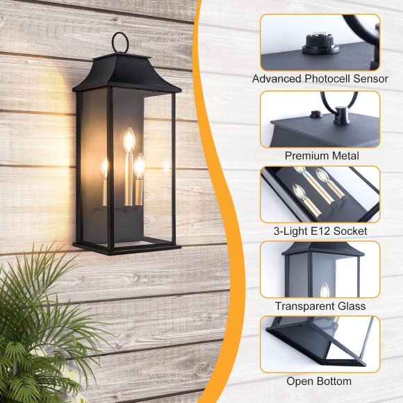 Outdoor Wall Light 3-Light, 25" Large Outdoor Light Fixture, Black Exterior Wall Lantern, Waterproof Outside Wall Sconce for House Porch Patio