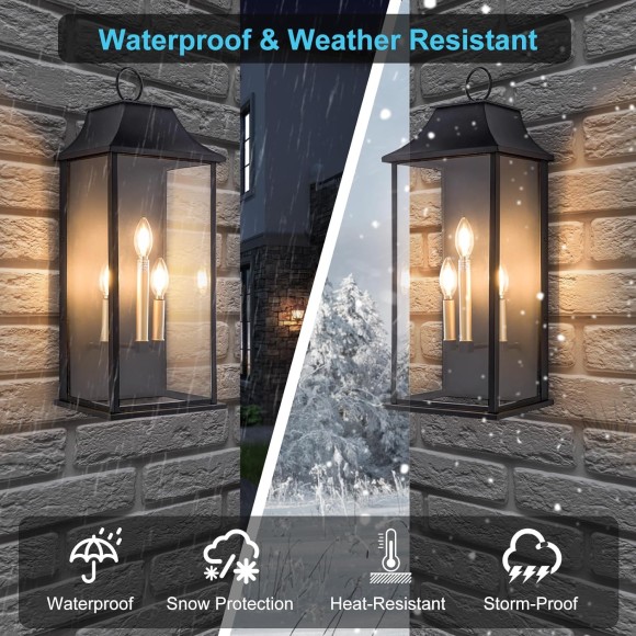 Outdoor Wall Light 3-Light, 25" Large Outdoor Light Fixture, Black Exterior Wall Lantern, Waterproof Outside Wall Sconce for House Porch Patio