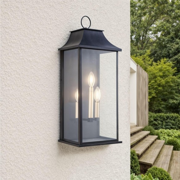 Outdoor Wall Light 3-Light, 25" Large Outdoor Light Fixture, Black Exterior Wall Lantern, Waterproof Outside Wall Sconce for House Porch Patio