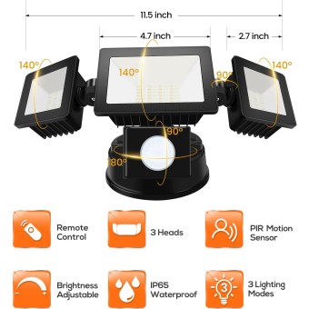 LED Flood Lights Outdoor Motion Sensor, 3000K-6000K Dimmable,IP65 Waterproof, 40W 3 Head Outdoor Flood Light for Garage,Yard,Porch