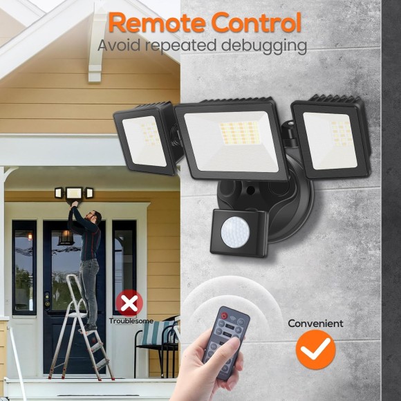 LED Flood Lights Outdoor Motion Sensor, 3000K-6000K Dimmable,IP65 Waterproof, 40W 3 Head Outdoor Flood Light for Garage,Yard,Porch