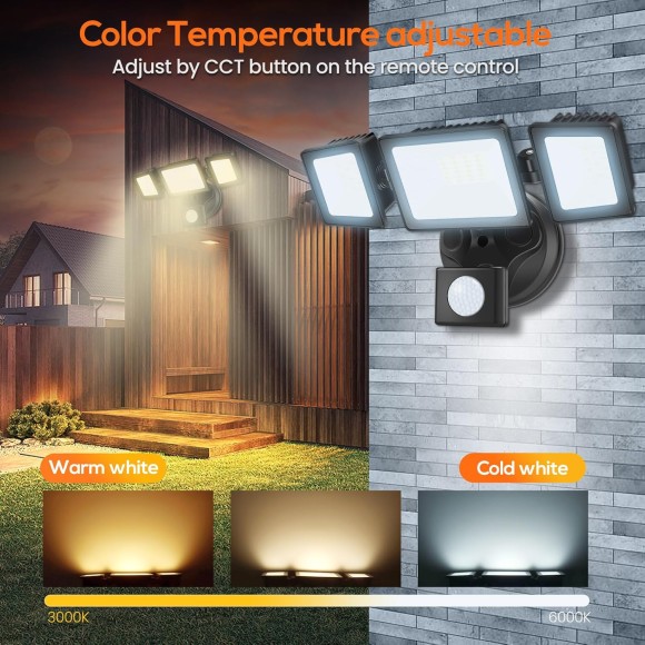 LED Flood Lights Outdoor Motion Sensor, 3000K-6000K Dimmable,IP65 Waterproof, 40W 3 Head Outdoor Flood Light for Garage,Yard,Porch