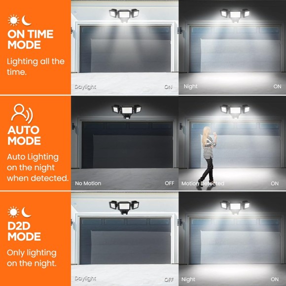 LED Flood Lights Outdoor Motion Sensor, 3000K-6000K Dimmable,IP65 Waterproof, 40W 3 Head Outdoor Flood Light for Garage,Yard,Porch