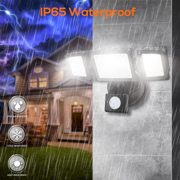 LED Flood Lights Outdoor Motion Sensor, 3000K-6000K Dimmable,IP65 Waterproof, 40W 3 Head Outdoor Flood Light for Garage,Yard,Porch