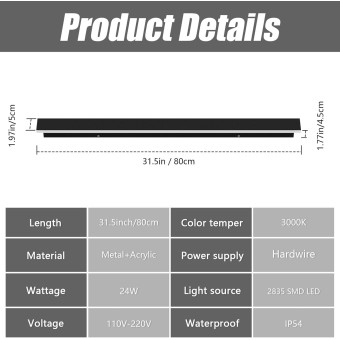 2 Pack 31.5inch Long Outdoor LED Wall Lights 24W Black 3000K Warm White Porch Lights Acrylic Waterproof IP65 Exterior Wall Light Fixtures for House Patio Porch Courtyard