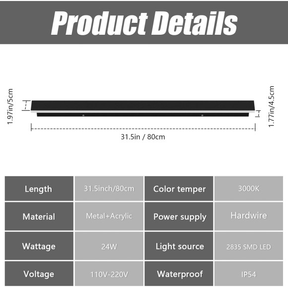 2 Pack 31.5inch Long Outdoor LED Wall Lights 24W Black 3000K Warm White Porch Lights Acrylic Waterproof IP65 Exterior Wall Light Fixtures for House Patio Porch Courtyard